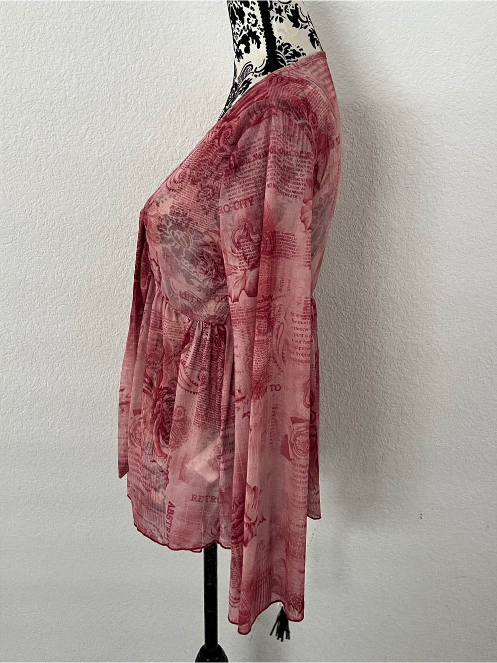 SHEIN Size L Pink Rose Newspaper Print Sheer Mesh Tie Front Top - Picture 4 of 8